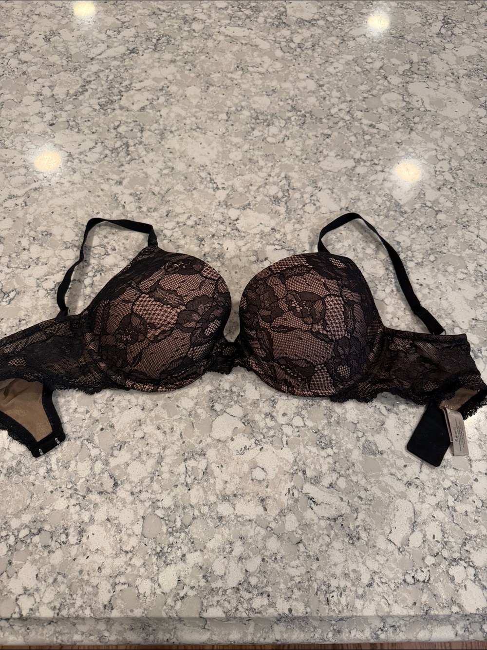 Victoria's Secret Black Lace Bra with Nude Underlay 38C biofit Demi uplift